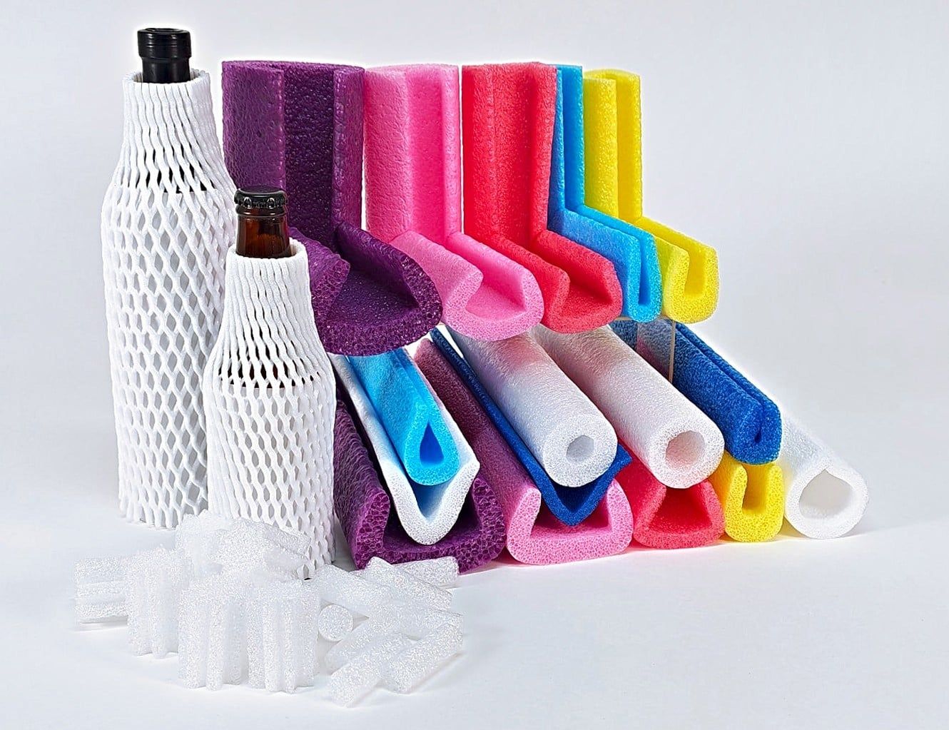 EPE Foam edge protectors, netting and void fill in several colors, with two bottles protected by netting